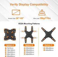 GRIFEMA TV Wall Bracket for 26-65 Inch Flat & Curved Screens - Universal Full Motion TV Wall Mount with Swivel & Tilt, Extendable Arm, Max VESA 400x400mm, Holds up to 35kg, Easy Installation, GB1010