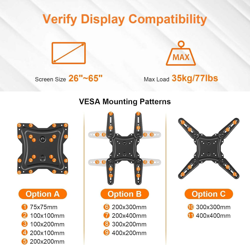 GRIFEMA TV Wall Bracket for 26-65 Inch Flat & Curved Screens - Universal Full Motion TV Wall Mount with Swivel & Tilt, Extendable Arm, Max VESA 400x400mm, Holds up to 35kg, Easy Installation, GB1010