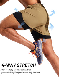 2-in-1 Men's Running Shorts 5in Quick-Dry Compression Liner Pockets 3 inch Khaki 3XL
