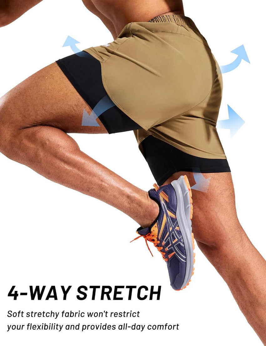 2-in-1 Men's Running Shorts 5in Quick-Dry Compression Liner Pockets 3 inch Khaki 3XL