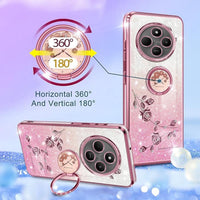 Glitter Case for Xiaomi Redmi 14C 4G, Ultra Thin Glitter Bling Women/Girls Shockproof Mobile Phone Case with Shiny Diamond Flowers Ring Stand Protective Case Pink