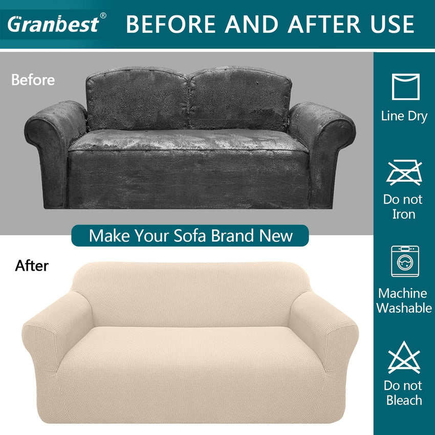 Granbest High Stretch Sofa Covers 3 Seater Super Soft Stylish Couch Covers for Dogs Pets Cats Jacquard Spandex Non Slip Sofa Slipcover for Living Room Furniture Protector (3 Seater, Beige)