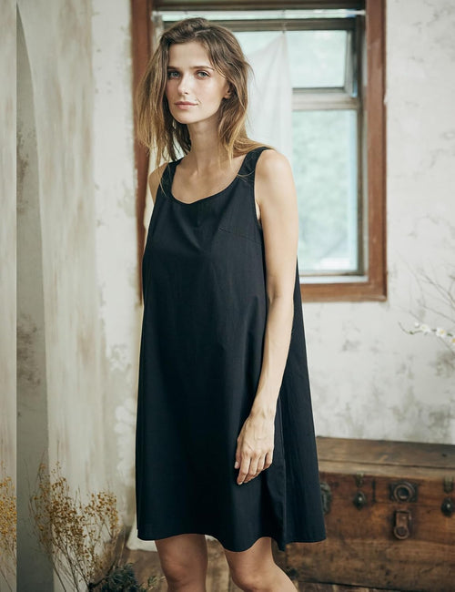Women's Cotton Full Slip Wide Strap Tank Chemise 100% Washed Cotton Black M
