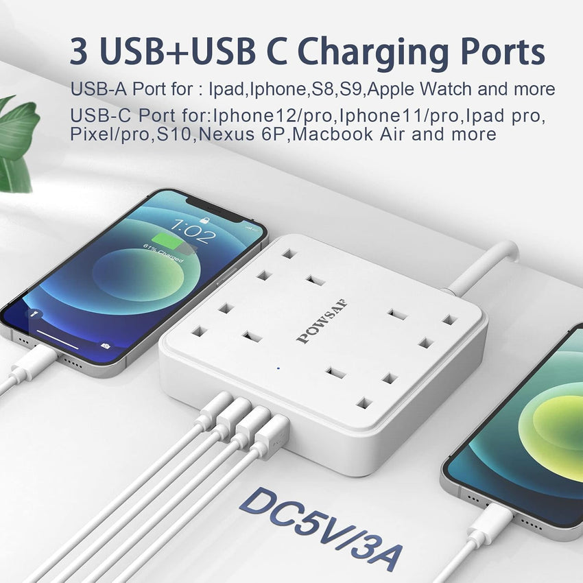 POWSAF 4 Way Extension Lead, Power Strip Extension Cord with 4 Plug Extension Socket and 2M Extension Cable for Home Office Travel,White