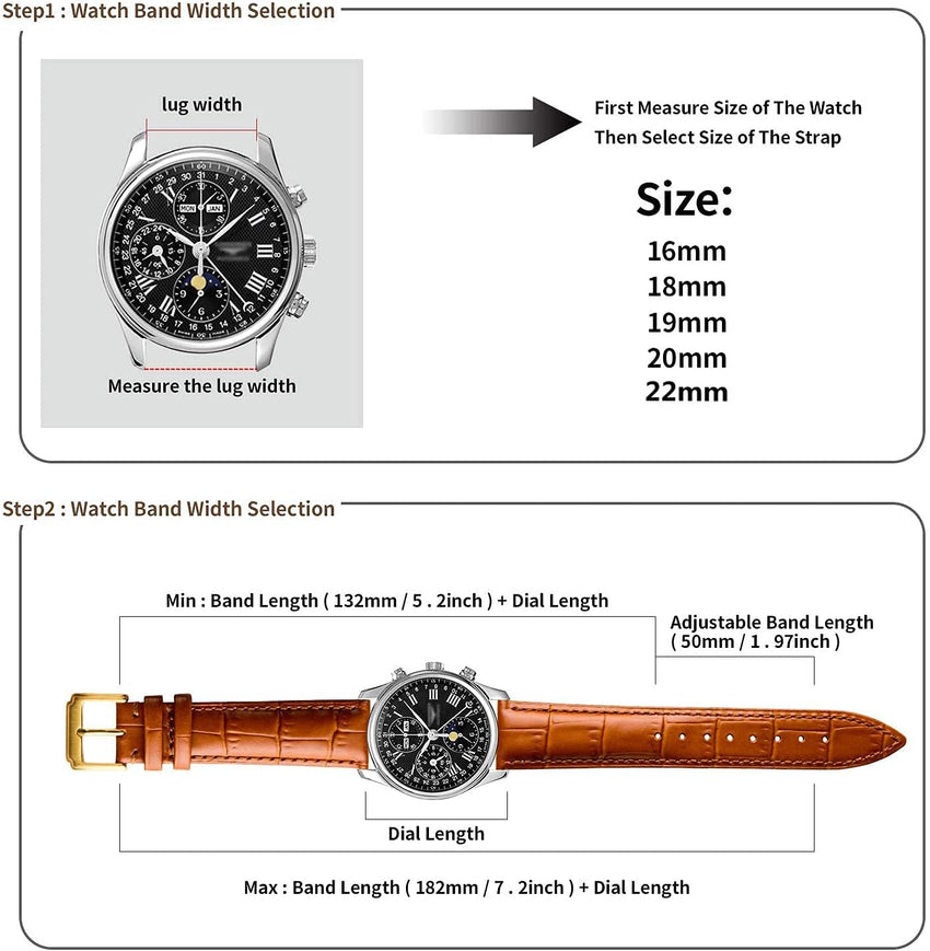 Spolife Leather Watch Straps for Men, Genuine Leather Watch Straps With Stainless Buckle,Quick Release Watch Strap, Replacement Watchbands 16mm 18mm 19mm 20mm 22mm(Watch Strap Pins,Watch Strap Tool)