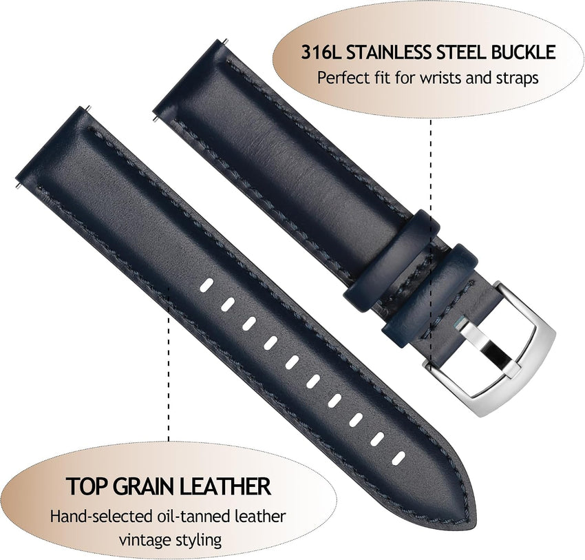 Leather Watch Strap Quick Release Top Grain Replacement for Men & Women 18/19mm