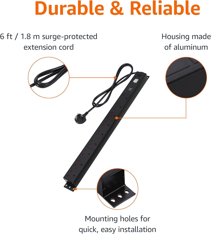 Amazon Basics Heavy-Duty Metal Surge Protector Power Strip, 9 Outlets (UK Plug), 600 J, 1.8 m Cord, Black, Rectangle