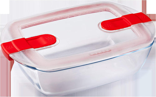 Pyrex 1451130 Cook & Heat-Set of Three 1.1L Rectangular Glass Food Microwave Airtight Lids-Storage Containers, Transparent/Green