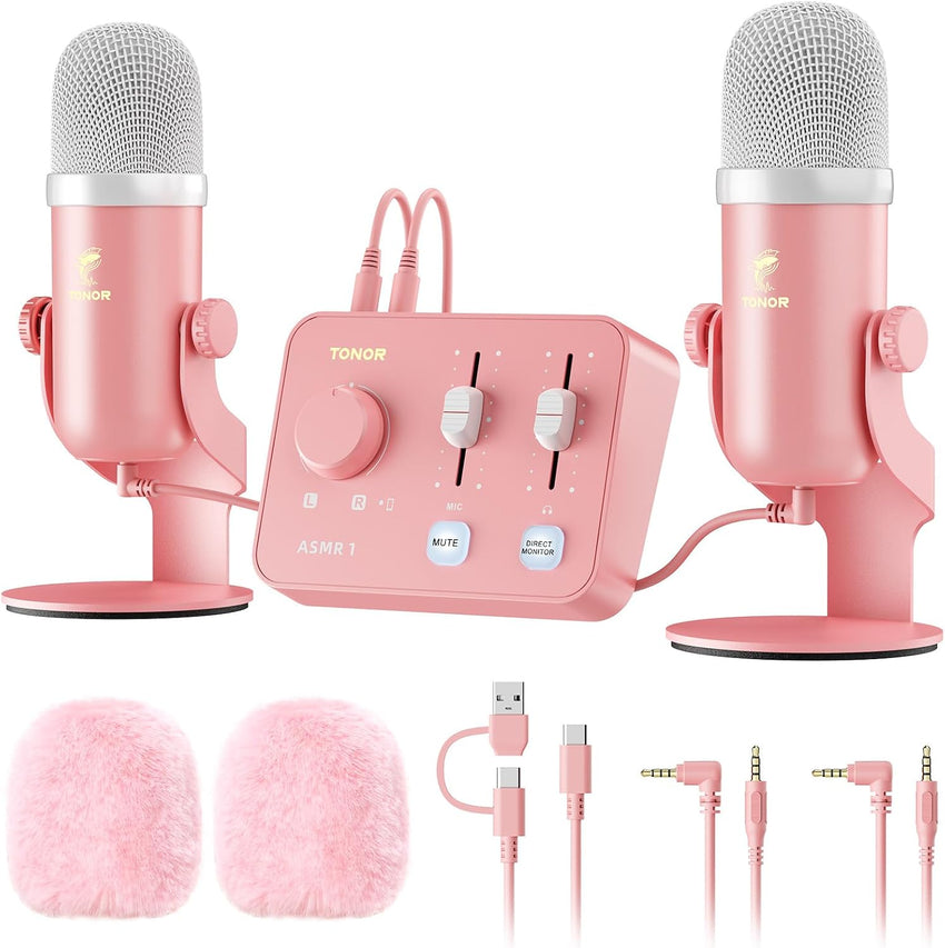 TONOR ASMR Microphone kit, Dual mics with Audio Interface, USB Condenser Microphone with Audio Mixer, Immersive 3D audio, Volume Control, Clear Sound for ASMR, Content Creating, Podcast, Pink