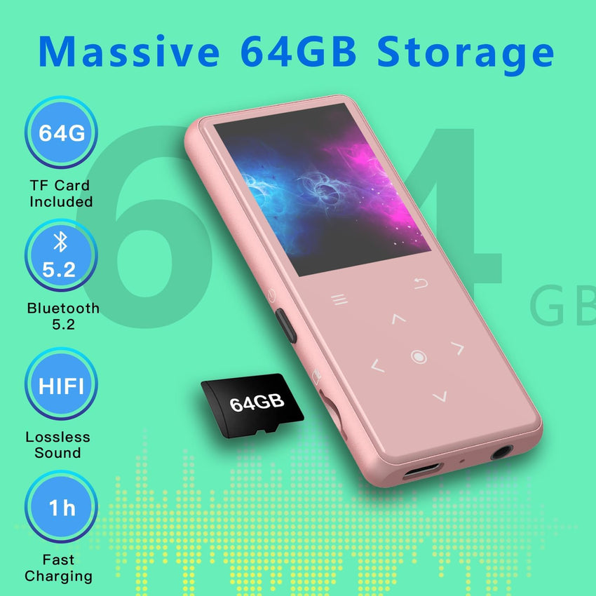 64GB Bluetooth MP3 Player HiFi Sound, FM Radio, Voice Recorder â Black