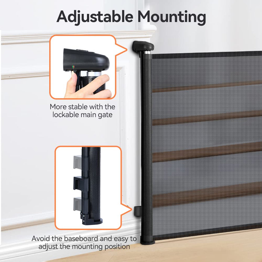 COMOMY Retractable Baby Gate for Stairs, 0-140cm Mesh Dog Gate for House Doorways Hallways, 84cm Tall Extra Wide Child Safety Gate for Kids Pets, Indoor and Outdoor (Black)
