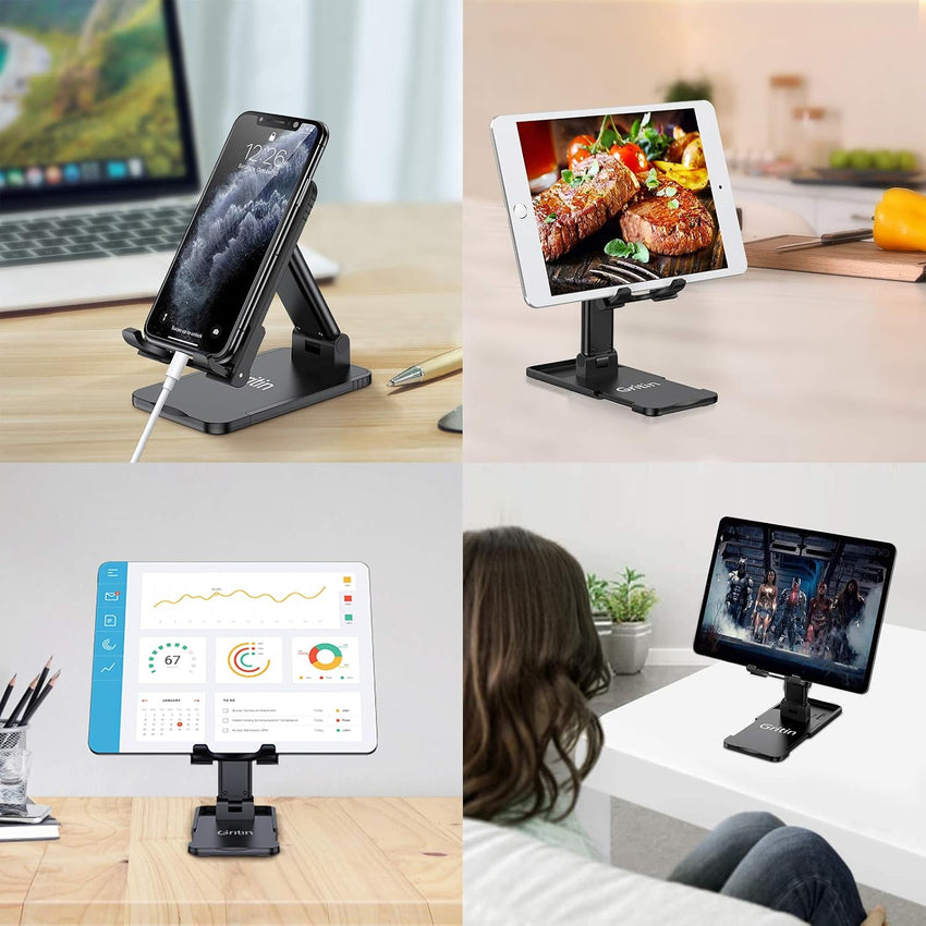 Gritin Tablet Stand, Adjustable Tablet Holder - Foldable Desktop Tablet/Phone Stand Holder Super Stable Compatible with New iPad 12.9, 11, 10.9, 10.2 Air mini 2 3 4 5 6 and All 4-12.9" Tablets