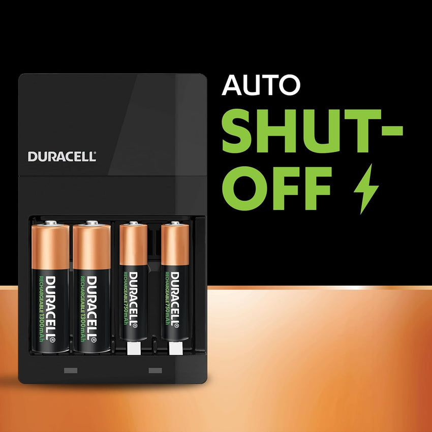 DURACELL Hi-Speed Battery Charger, 4 hours, Compatible with AA and AAA NiMh Batteries, 2x AA 1300mAh and 2x AAA 750 mAh, Rechargeable Batteries Included