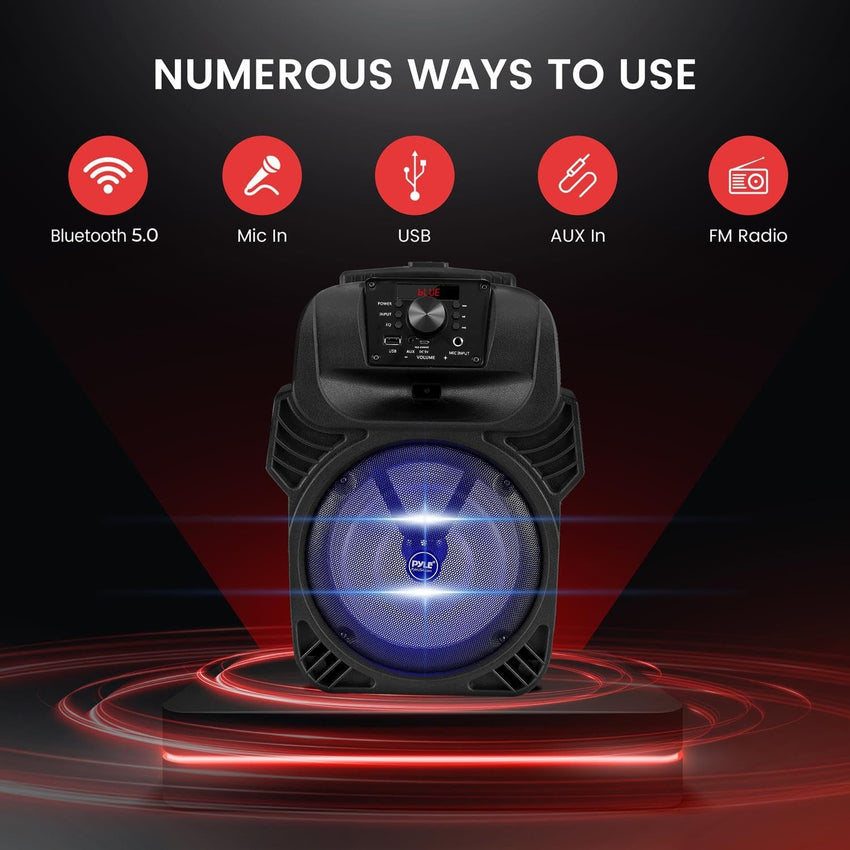 Pyle, Portable Dj Speaker System 400W, Bluetooth Pa Loudspeaker - 8" Subwoofer, USB/MP3/FM Radio/Mic Inputs, LED Lights, Rechargeable Battery w/Remote Control