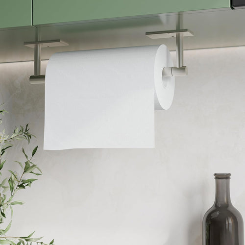 WZRUA Kitchen Roll Holder Under Cabinet, Self Adhesive or Wall Mounted Paper Holder, Brushed Nickel Double Post Pivoting Stainless Steel Kitchen Roll Holder (Square Base)