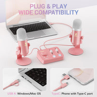 TONOR ASMR Microphone kit, Dual mics with Audio Interface, USB Condenser Microphone with Audio Mixer, Immersive 3D audio, Volume Control, Clear Sound for ASMR, Content Creating, Podcast, Pink
