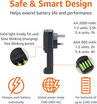 Amazon Basics Battery Charger for Rechargeable AA and AAA NiMh Batteries - UK Plug, 4-Bay, Black
