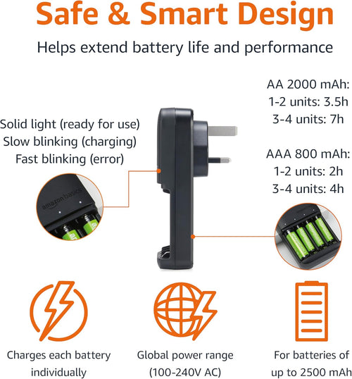 Amazon Basics Battery Charger for Rechargeable AA and AAA NiMh Batteries - UK Plug, 4-Bay, Black
