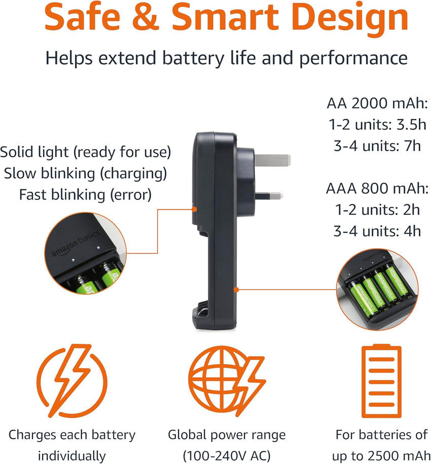 Amazon Basics Battery Charger for Rechargeable AA and AAA NiMh Batteries - UK Plug, 4-Bay, Black
