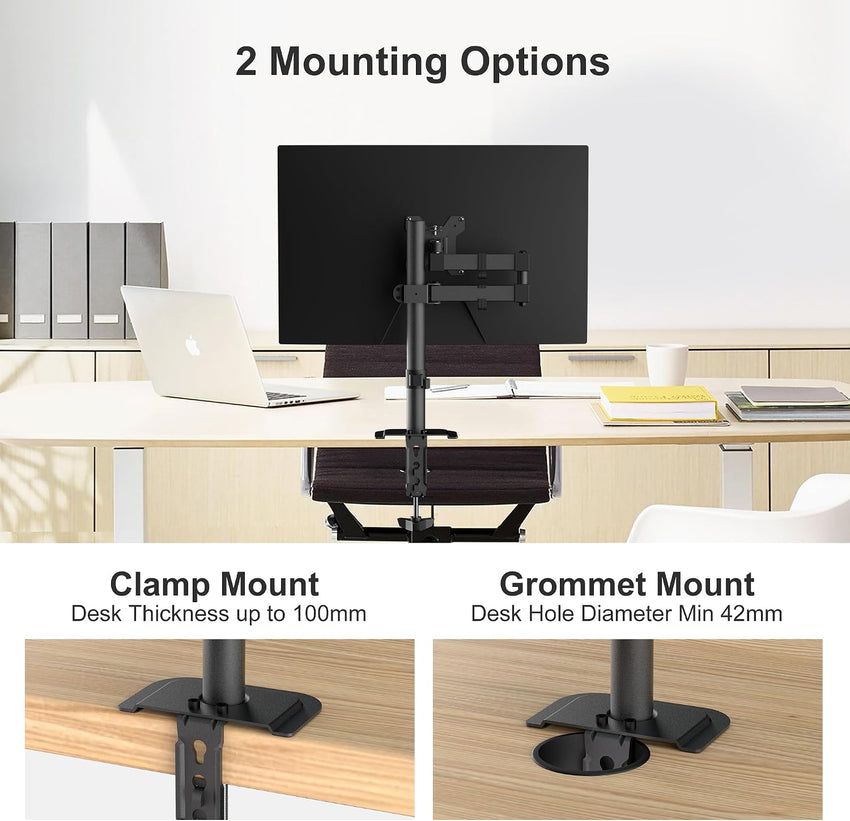 Single Monitor Arm Desk Mount, Max Load 10kg, Single Monitor Mount for 13-32 inch LCD LED Screens, Adjustable Single Desk Mount with Tilt Swivel Rotation, 2 Mouting Options, Vesa 75x75/100x100mm White