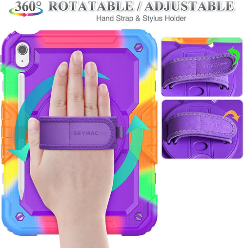 SEYMAC stock Case for iPad 10th Generation 10.9 Inch 2022, Full-Body Drop Protection with Screen Protector, Rotating Stand/Hand Strap & Pencil Holder for iPad 10 Case A2696/ A2757/ A2777, Camo+Purple