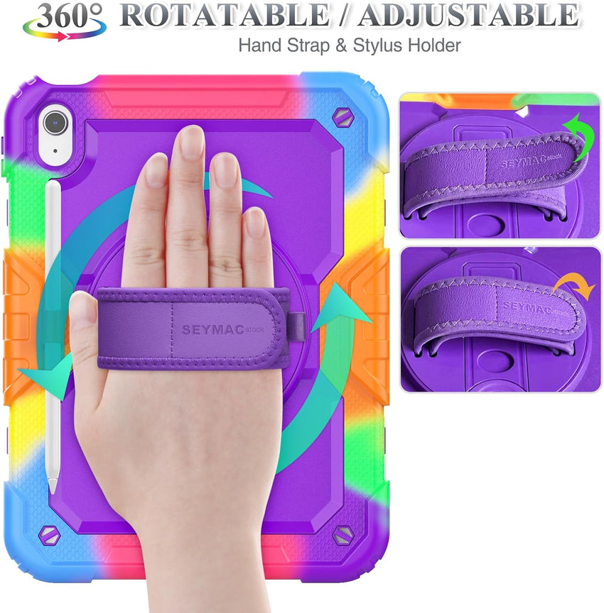 SEYMAC stock Case for iPad 10th Generation 10.9 Inch 2022, Full-Body Drop Protection with Screen Protector, Rotating Stand/Hand Strap & Pencil Holder for iPad 10 Case A2696/ A2757/ A2777, Camo+Purple