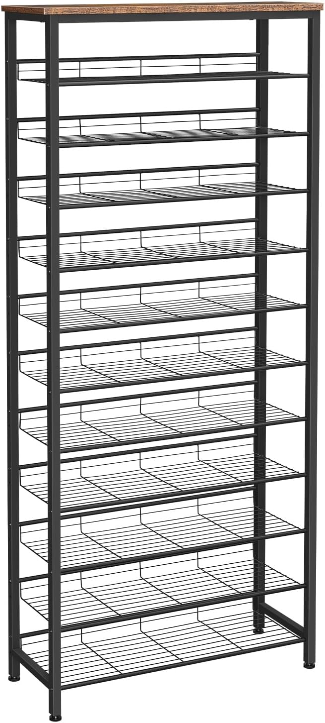 HOOBRO Shoe Rack Tall, Large Capacity Shoe Storage Organizer, 12-Tier Shoe Rack for 44-55 Pairs of Shoes, 75 x 28.5 x 194.5cm, Adjustable Metal Shelves, Shoe Storage Unit, Rustic Brown EBF51XJ01