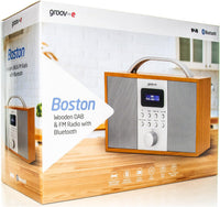 Groov-e Boston Wooden DAB & FM Digital Radio - Built-In Alarm Clock, Dynamic Range Control & Bluetooth Connectivity - LCD Display - Mains or Battery Operated - Portable Radio - 40 Preset Stations