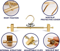 Amber Home 31cm Premium Matte Gold Aluminum Trousers Hangers 20pcs, Extra Smooth & Durable Metal Skirt Pants Hanger, Light & Sturdy Metal Rack for Bottoms with Non-slip Clips and Swivel Hook