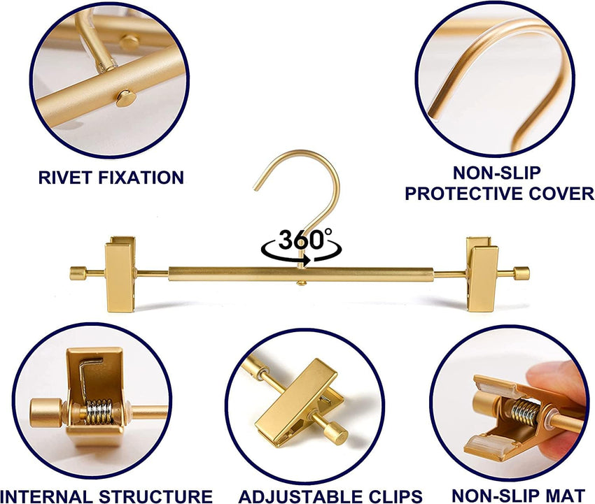 Amber Home 31cm Premium Matte Gold Aluminum Trousers Hangers 20pcs, Extra Smooth & Durable Metal Skirt Pants Hanger, Light & Sturdy Metal Rack for Bottoms with Non-slip Clips and Swivel Hook