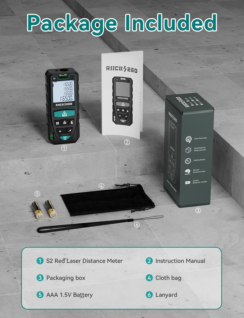 Laser Measure 50M/165ft,RockSeed Digital Laser Distance Meter with 2 Bubble Levels,Portable Laser Rangefinder M/in/Ft Unit Switching Backlit LCD and Measuring Distance/Area/Volume/Pythagorean