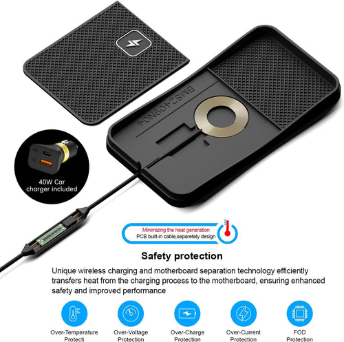 Wireless Car Charging Pad, Polmxs 15W Fast Wireless Car Charger Pad Non Slip Charging Mat 30cm Cable with 70cm Extension Cable Compatible with iPhone 17/16/15/14/13/12/11, Samsung, Google