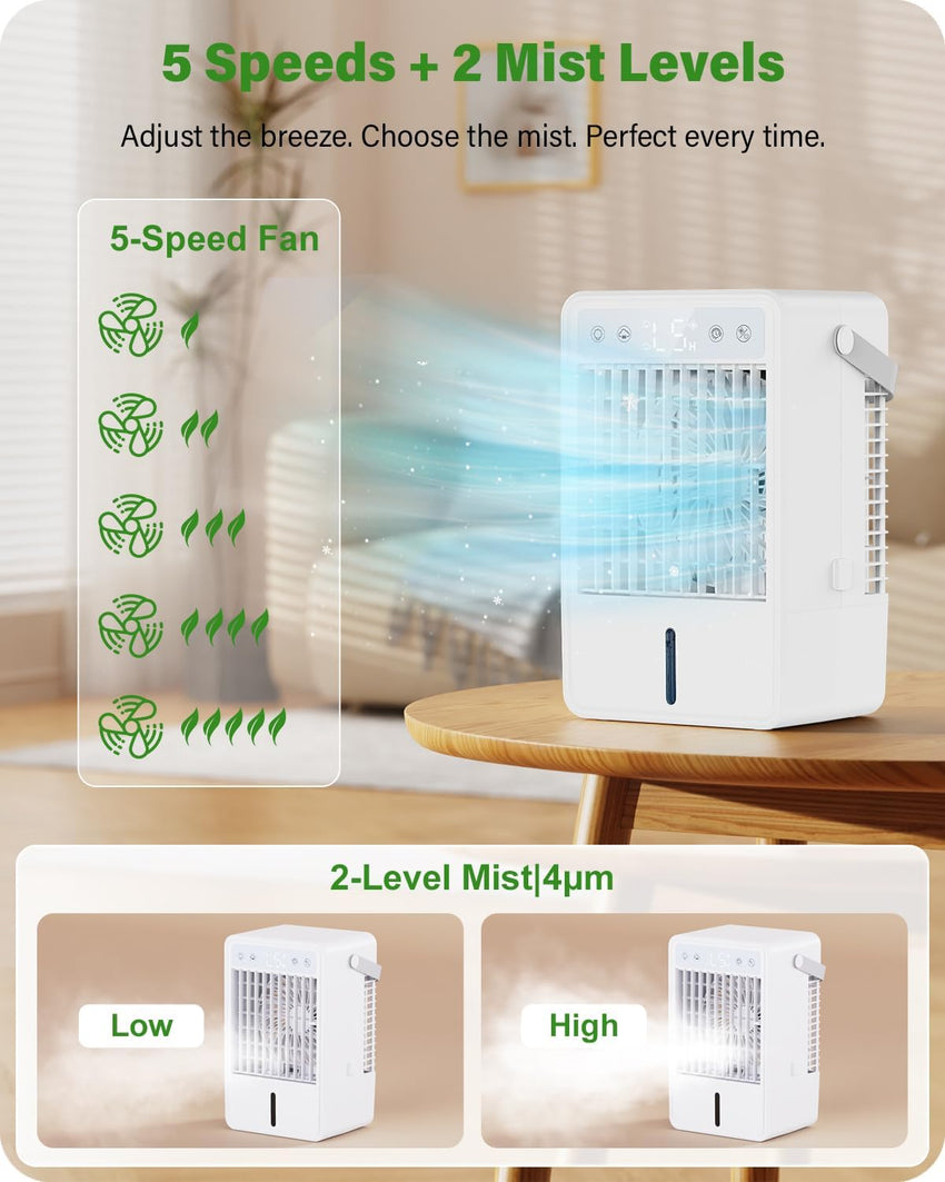 Portable Air Cooler 1500ml Quiet 5Ã¢ÂÂSpeed 4ÃÂµm Mist 2 Spray Modes 7Ã¢ÂÂColour LED Timer Ã¢ÂÂ White
