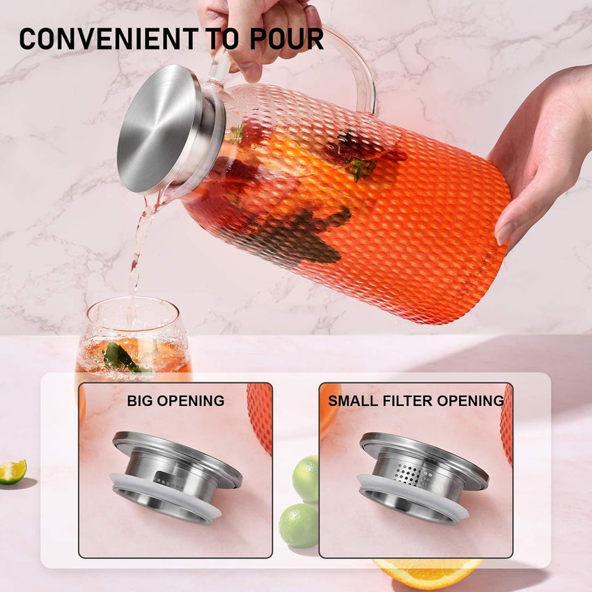 Water Jug, 2.4 L Glass Jug, Water Jug for Fridge, Jug with Lid, Heat Resistant Pitcher, Glass Water Jug for Cold or Hot Beverages, Fridge Water Jug for Juice Sangria, Glass Jug with Lid, Easy Clean