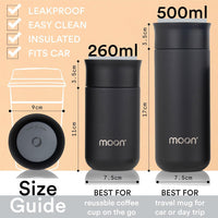 Moon 360° Insulated Travel Mugs - Leak Proof Reusable Coffee Cups - Pro Version for Performance & Easy Clean - Leakproof Flask for Hot & Cold Drinks - Fits Car Cup Holders, UK Company (500ml, Black)