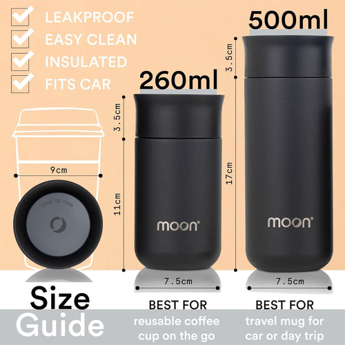 Moon 360° Insulated Travel Mugs - Leak Proof Reusable Coffee Cups - Pro Version for Performance & Easy Clean - Leakproof Flask for Hot & Cold Drinks - Fits Car Cup Holders, UK Company (500ml, Black)