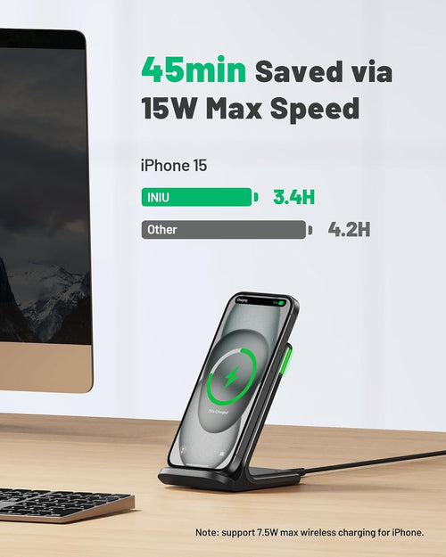 INIU Wireless Charger Stand, 15W Fast Charging Dock Phone Charger, Adaptive LED Wireless Charging Station for iPhone 17 16 15 14 13 12 11 Pro Max, Samsung S23 S22 S21, Google Pixel 8 7 6 etc.