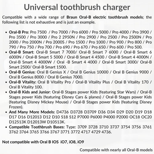 Replacement for Oral B Toothbrush Charger UK Compatible with Braun Toothbrush Charger Oral-B Model 3708 3710 3756 3764 3765 3766 3767 3771 3772 4729 4736 Oral-B Pro IO3 IO4 IO5 IO6 Vitality Genius X