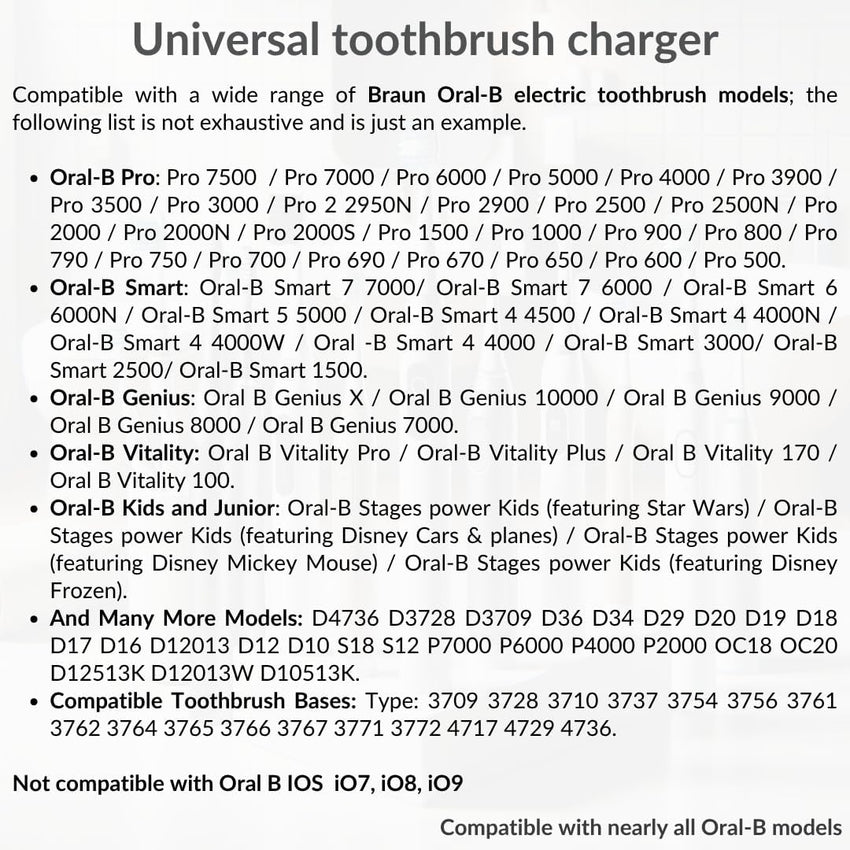 Replacement for Oral B Toothbrush Charger UK Compatible with Braun Toothbrush Charger Oral-B Model 3708 3710 3756 3764 3765 3766 3767 3771 3772 4729 4736 Oral-B Pro IO3 IO4 IO5 IO6 Vitality Genius X