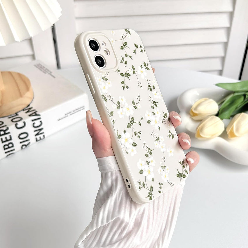 NITITOP Compatible with iPhone 12 Case Cute Flower Floral for Women Girl Full Camera Protective Vintage Trendy Slim Fit TPU Shockproof Cover - White
