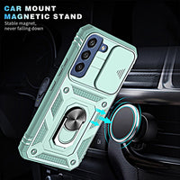 for Samsung Galaxy S21 FE Case with Camera Cover Slider, 2*Screen Protectors,Build in 360^0Rotating Ring Kickstand, Military Grade Protective Case for Galaxy S21 FE 5G 6.4"-Green