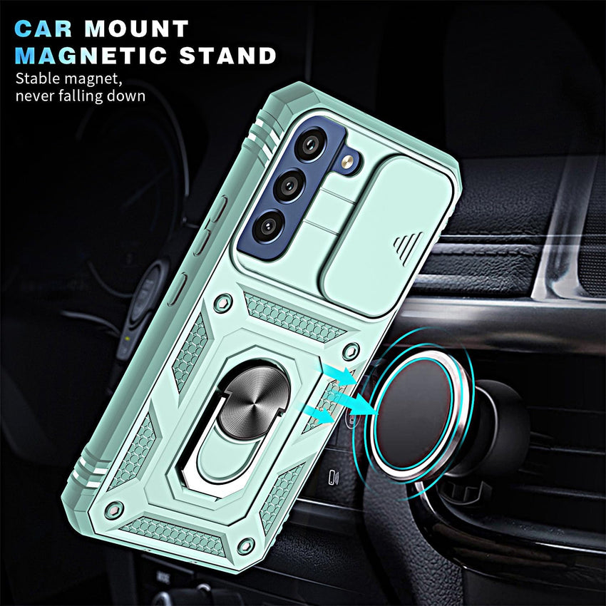 for Samsung Galaxy S21 FE Case with Camera Cover Slider, 2*Screen Protectors,Build in 360^0Rotating Ring Kickstand, Military Grade Protective Case for Galaxy S21 FE 5G 6.4"-Green