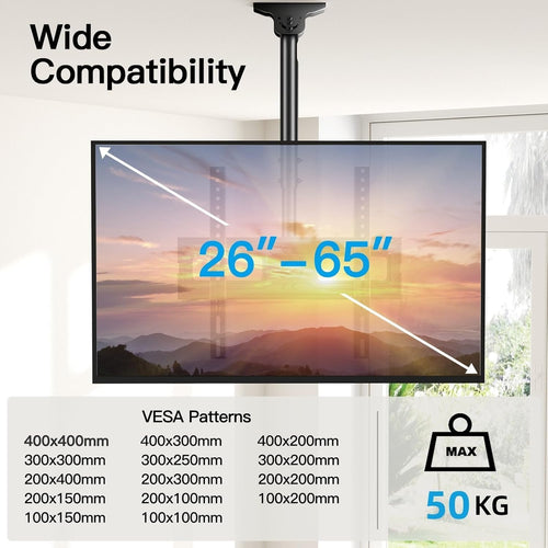 PERLESMITH Ceiling TV Bracket - Adjustable Swivel Ceiling Mount for Most 26-65 inch TVs, Full Motion Ceiling TV Mount, Supports up to 50kg, Max VESA 400x400mm, PSCM2-E
