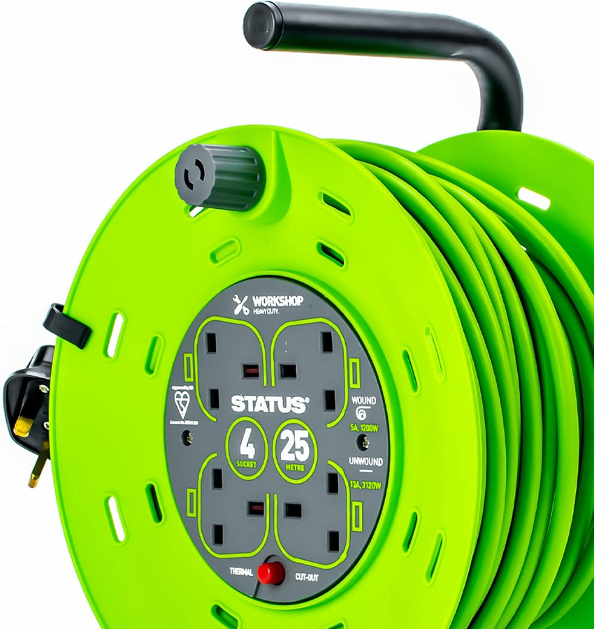 STATUS 4 Socket Cable Reel, 25m, Green, 13 Amp, Thermal Cut Out, Heavy Duty, Outdoor Extension Lead, Ideal for Garden, Workshop, DIY, Power Tools (S25M13ACR2)