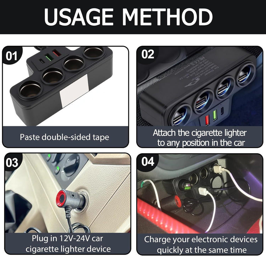 120W 7 in 1 Car Cigarette Lighter USB Charger, Multi Socket Car Charger Splitter Adapter with 4 Sockets and 3 USB Ports QC 3.0 USB 3.1 PD 3.1, Multi Device Fast Charging for 12V 24V Vehicles, Phones