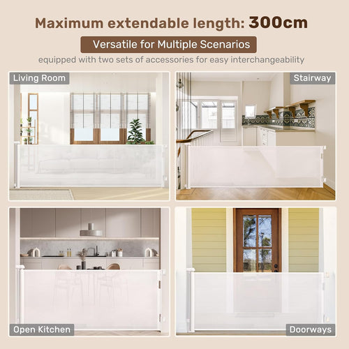 HollyHOME Retractable Stair Gate 300cm Extra Wide One-Hand Operation Baby Gate Safety Gate for Baby and Pets Indoor & Outdoor,White