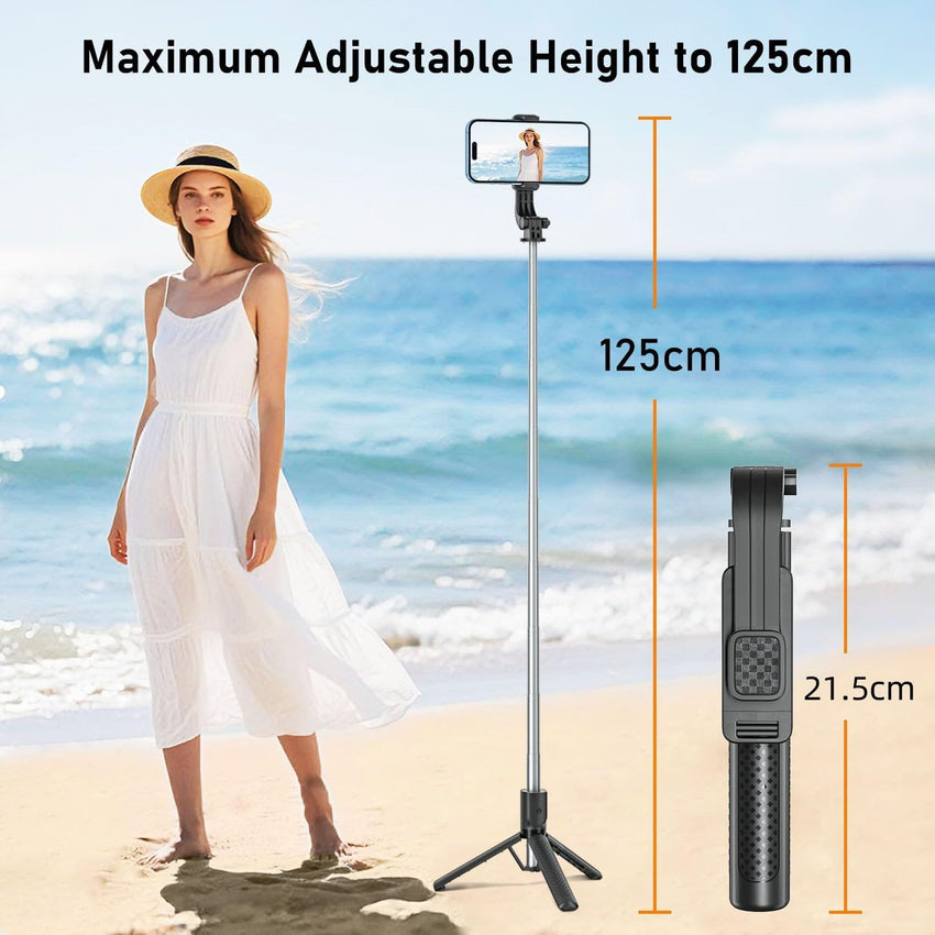 POWOMAO Selfie Stick Tripod with Fill Light,125cm Portable Telescopic Selfie Stick with Detachable Remote Control and Stable Tripod for iPhone/Samsung/Huawei/Smartphones