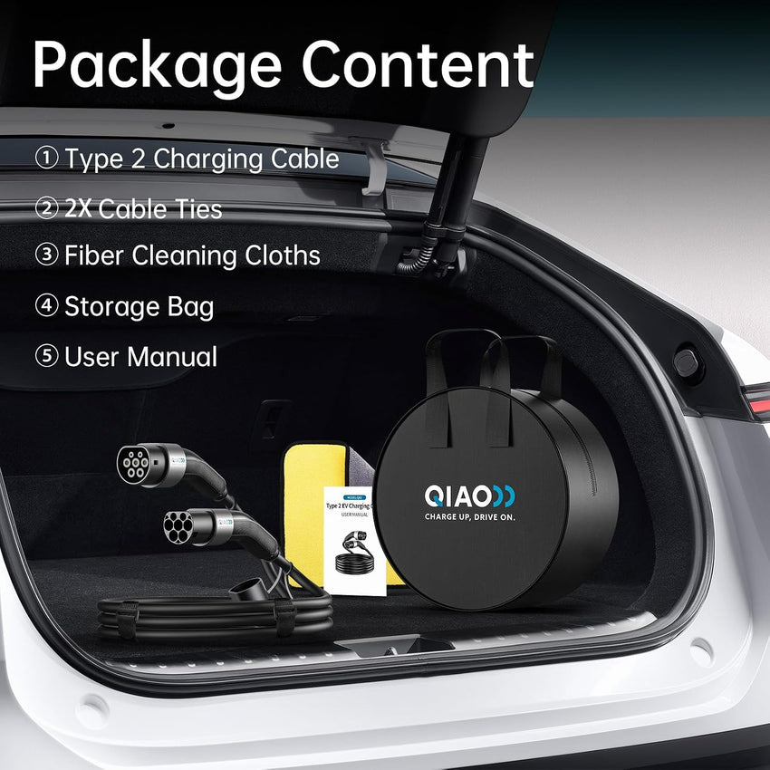 QIAO)) Type 2 EV Charging Cable, 7.4kW 10M 32A Single Phase, Electric Vehicle Type 2 to Type 2 IEC 62196 EV Charger Cable, EVs/Plug-in Hybrid Fast Car Charging Cable with Carry Bag