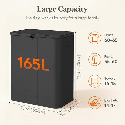 Laundry Basket 3-Compartment 165L Plastic Frame Foldable with Lid Black
