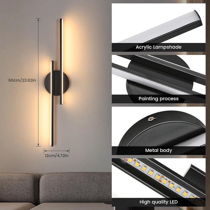 Riserva Indoor MAINS WIRED Wall Lamp LED, 24W Modern Black, 3000K Warm Light, Long Wall Sconce Acrylic for Bedroom, Hallway, Living Room, Dining Room, Staircase